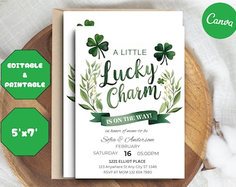 St Patrick Theme Baby Shower Invitation A Little Lucky Charm Baby Shower Invite Green Bow Shamrock Invite Template St Patrick's Day Invite