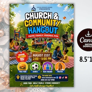 May include: A vibrant flyer advertising a church and community hangout. The design shows a park scene with people, food, and activities. The flyer includes the event's date, time, and location, along with the Canva instant download logo and the dimensions 21.6cm x 27.9cm.