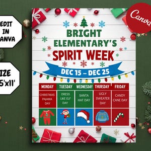Customizable Holiday School Spirit Week Flyer, PTO Schedule, December Itinerary, Xmas PTA, Editable in Canva, Christmas Newsletter, Events