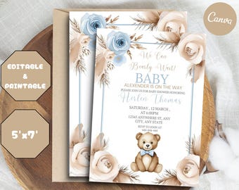 We Can Bearly Wait Baby Shower, Teddy Bear Baby Shower, Bear Balloon Baby Shower Invitation, Bear Baby Shower Invite, Editable in Canva
