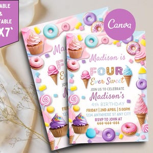 Four Ever Sweet Birthday Invitation, Candy Sweet Donut 4th Birthday Party Girl Invite, Ice cream Sweet Celebration Invite,Editable Printable