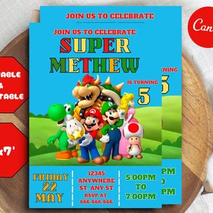 Super Mario bearbeitbare Geburtstagseinladung, Super Mario-Geburtstagseinladung, bearbeitbare druckbare Mario-Einladung, bearbeitbare Vorlage Canva