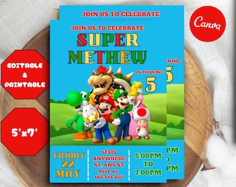 Super Mario bearbeitbare Geburtstagseinladung, Super Mario-Geburtstagseinladung, bearbeitbare druckbare Mario-Einladung, bearbeitbare Vorlage Canva