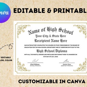 Printable High School, Printable Certificate With Seal, Diploma Template, Canva Editable, Instant Download, Digital Download, Printable