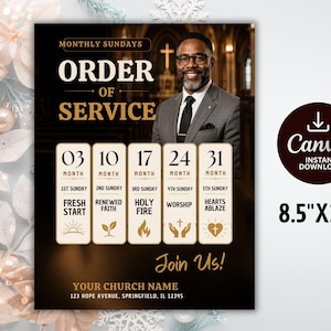 Könnte beinhalten: Ein schwarzer und goldener Flyer mit dem Text „Gottesdienstordnung“ und einem Foto eines Mannes. Er listet Daten und Themen für monatliche Sonntage und das Canva-Logo auf. Der Flyer ist 21,59 cm x 27,94 cm groß.