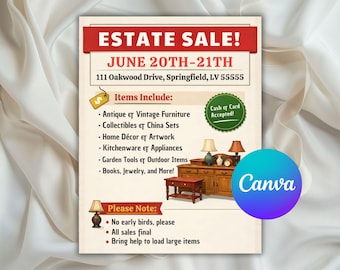 Estate Sale Flyer, Flyer Template, Yard Sale Flyer, Estate Sale Sign, Editable Sign, Estate Sale Ad