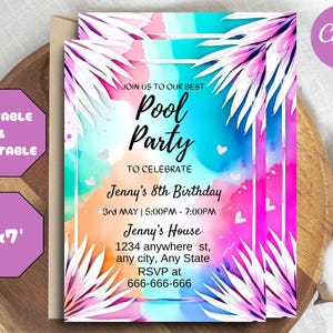 Editable pool party invitation, Glow neon invite, Tropical tie dye birthday pool party invitation swimming party instant download