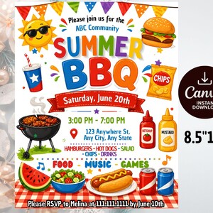 May include: A colorful summer BBQ invitation with a sun wearing sunglasses, a hamburger, chips, and various food illustrations. The invitation is 8.5" x 11" and includes the text "Summer BBQ" and event details.