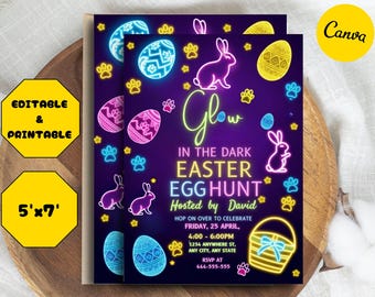Bewerkbare uitnodiging paaseieren zoeken neon paaseieren jagen partij neon gloed kinderen paaseieren jagen partij Glow in the Dark uitnodigen direct downloaden
