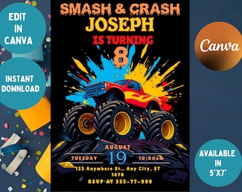 Monster Truck Birthday Invite, Monster Truck Party, Monster Invitation, Invitation For Boys, Printable Birthday Invite, Editable Invites