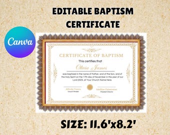 Editable Baptism Certificate Template | Printable Baptism Certificate | Dedication Certificate | Canva Template | US Letter & A4 sizes