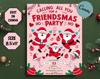 Pode incluir: Convite rosa com um tema natalino festivo. Apresenta um Papai Noel de desenho animado dançando com o texto "Calling all you for a Friendsmas Ho Party Ho". O convite inclui a data, a hora e o local da festa.