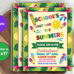 Editable End of School Party Schools Out Party Invitation, Schools Out Party Invite, School&#39;s Out Instant Download Summer Invite with CANVA