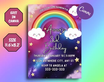 Editable Rainbow Birthday Invitation Girls Rainbow Party Rainbow Birthday Invite Pink Gold Rainbow Clouds Hearts, Rainbow of fun Invite