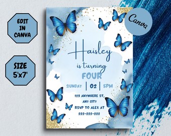 Invitación de cumpleaños con mariposas para niña / Plantilla de Canva, 5x7 (Digital)