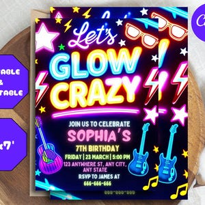 Plantilla editable de invitación a fiesta de cumpleaños con luces de neón, invitación a fiesta de neón para niñas y niños, plantilla para niños con luces de neón brillantes, Glow Evite, invitación Glow Crazy