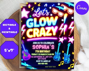 Bearbeitbare Glow-Geburtstagsfeier-Einladungsvorlage, Mädchen-Junge-Neon-Party einladen, Neonlichter-Glow-Kids-Vorlage, Glow-Evite, Glow-Crazy-Einladung