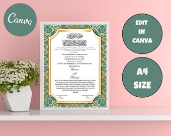 Luxus Nikkah Zertifikat, Islamischer Premium A4 Hochzeitsvertrag, Nikkah Nama, Muslimische Heiratsurkunde, Personalisierte Namen, Koran Vers