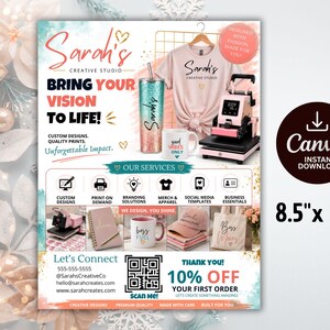 May include: A promotional flyer measuring 8.5 inches by 11 inches for Sarah's Creative Studio. It displays custom merchandise including a glitter tumbler, a t-shirt, a mug, a heat press, a notebook, a cap, and a tote bag with branding text.