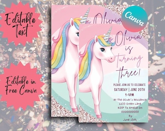 Unicorn Birthday Invitation Template, Rainbow Unicorn Invitation, Pastel Rainbow Unicorn Girls Invite, Magical Day Birthday Invitation