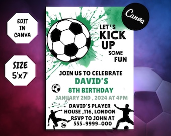 Editable Soccer Birthday Invitation Template, Canva 5x7 (Digital Download)