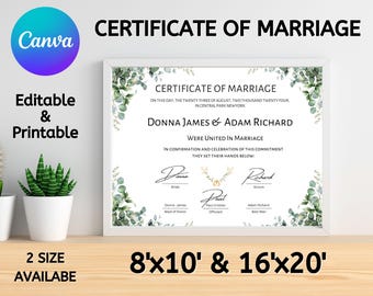 Editable Marriage Certificate Template, Custom Certificate Of Marriage, Printable Wedding Certificate, Canva Wedding Keepsake