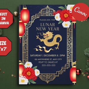 Chinesisches Neujahr Einladung Vorlage, 2025 Neujahr, Drachen, Chinesische Feier, Mondjahr 2025, printable Download elektronisch