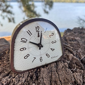 May include: A vintage Gilbert alarm clock with a cream face and black numerals. The clock has a dark brown metal frame and black hands. The clock is set on a weathered wooden surface, with a lake in the background.