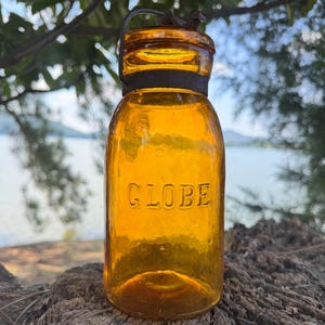 Antique Globe Fruit Jar - Patented May 25 1886 Lid - Quart Size - Embossed Base 5 - Wire Bail Top - Collectible Canning Jar