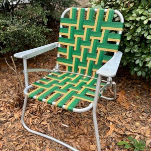 Vintage Green and Tan Webbed Aluminum Folding Lawn Camping Chair with Aluminum Arms!