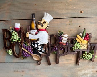 Vintage Bon Appetit Chef Wandschild - 3D Resin Küchenwanddekor - Französisches Bauernhaus - Retro Esszimmerakzent