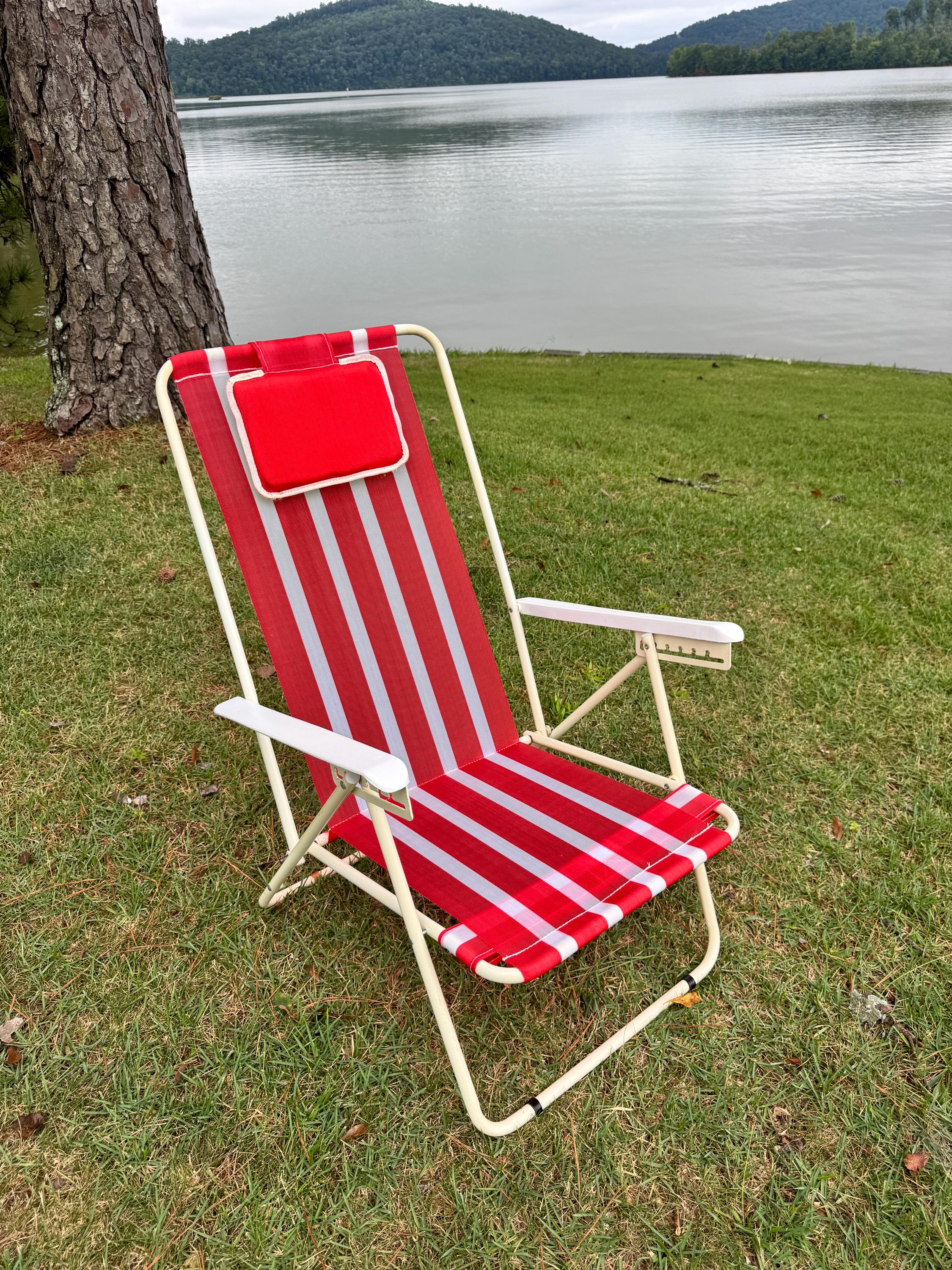 Vintage Folding Beach Chair - Red and White Stripes - Low Profile