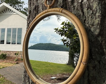 Vintage Rattan Wall Mirror Boho Bohemian Round Mirror Mid Century Coastal Home Decor 11 5/8 Inch Accent Mirror