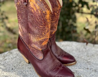 Vintage Burgundy Leather Boots: Slouchy Cuff, Dressy Bow, Stack 