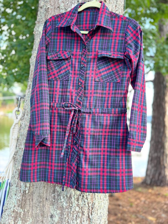Dolce & Gabbana, Vintage Dolce & Gabbana Plaid Shirt Dress - Made in Italy - Red Black Purple Drawstring Waist Button Front - Medium