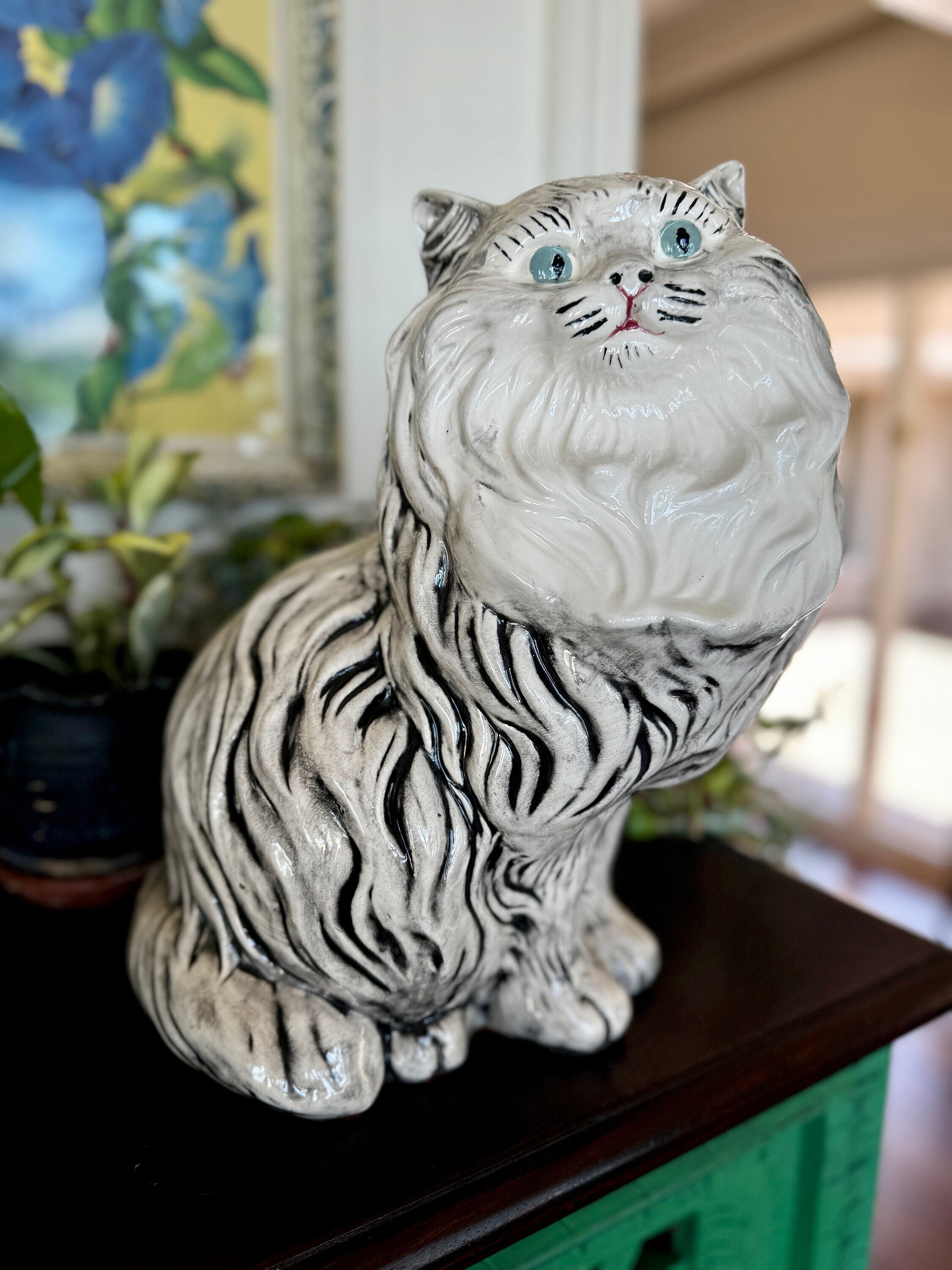 Vintage 1980s Ceramic Persian Cat Statue - Large 14 Inch Blue Eyes