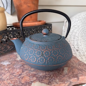 Blue Cast Iron Teapot - Floral Tetsubin Style Tea Pot - Enamel Lined - Stainless Steel Infuser - Japanese Style Teaware