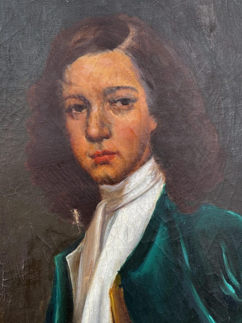 Pode incluir: Retrato a &oacute;leo de uma pessoa com cabelo escuro, usando uma camisa branca com gola e um casaco verde escuro. O retrato tem uma est&eacute;tica vintage com pinceladas vis&iacute;veis e um fundo escuro.