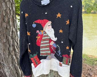 Maglione natalizio vintage delle Isole del Nord - Taglia L da donna - Babbo Natale ricamato - Stile folk da nonna - Maglia nera - Pullover per le feste