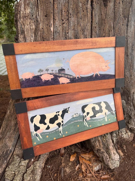 Vintage Fayre Cooper Farm Folk Art Prints - Pig & Cow Wall Art Pair - Rustic Country Kitchen Decor - Framed Farmhouse Art