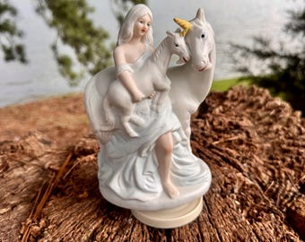 Pretty Vintage Porcelain Unicorn Music Box Figurine - 80s, 1980s