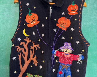 Chaleco de punto vintage de Hampshire Studio para Halloween - Chaleco de punto con retazos de calabaza y espantapájaros - Suéter de otoño de algodón ramio - Talla grande