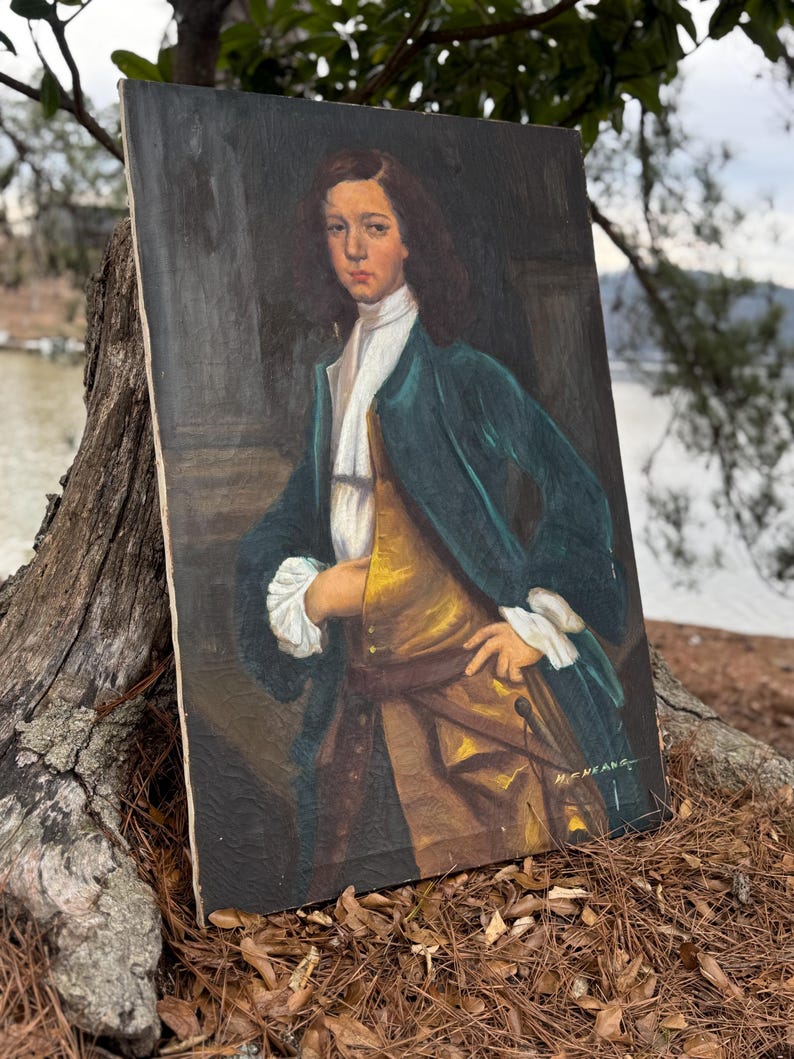 Pode incluir: Um retrato antigo de uma pessoa com um casaco verde-azulado, um colete dourado e uma gravata branca. A obra de arte &eacute; definida contra um fundo escuro, com o rosto e as m&atilde;os do sujeito vis&iacute;veis. A pintura &eacute; assinada "H. MEANS".