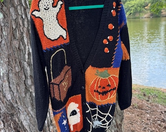 Cardigan Vintage Spice of Life per Halloween - Taglia S/M da donna - Fantasma, zucca, ragnatela - Ramia, acrilico - Corea