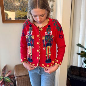 Vintage Michael Simon Nutcracker Cardigan - Beaded Christmas Sweater - Embroidered Holiday Knit - Old Money Style