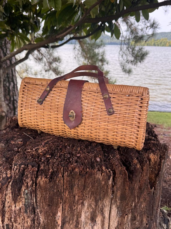 Vintage 1960s Wicker Basket Handbag - Leather Handles - Structured Box Purse
