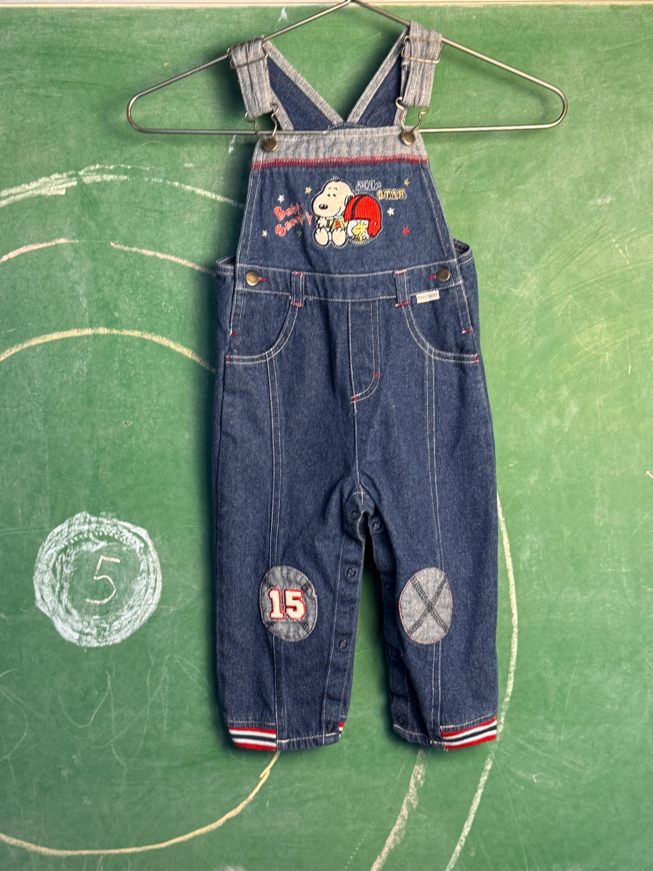 Vintage Baby Snoopy Denim Overalls 24M - Peanuts All Star Embroidered Bib - 90s Y2K Toddler Jean Romper