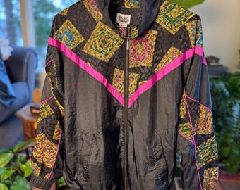 Chaqueta cortavientos vintage de los 80 - Negro, rosa y dorado - Chaqueta deportiva retro - Basic Editions - Talla M de mujer - Estilo urbano de los 90