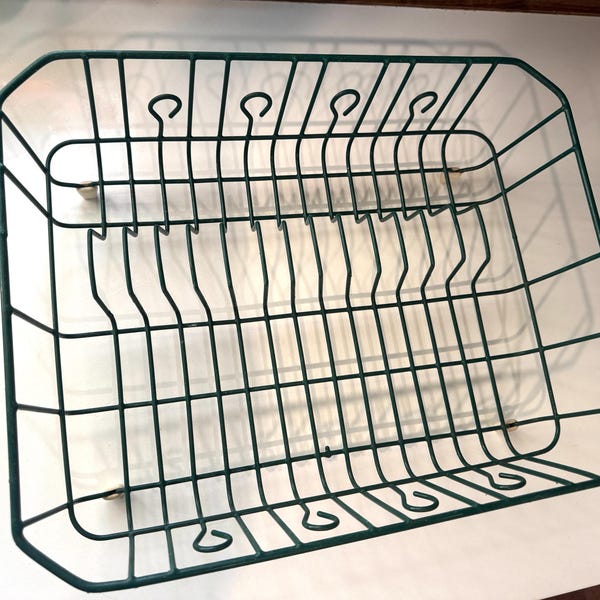 Vintage Rubbermaid afdruiprek - jagersgroen met vinyl gecoat draadrek - keukendecor uit het midden van de eeuw - 13 plaatcapaciteit retro gootsteenorganizer