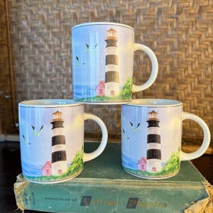 Set of 3 Vintage Thomson Pottery Lighthouse Mugs - Black White Coastal Coffee Cups - Seagull Nautical Beach Cottage